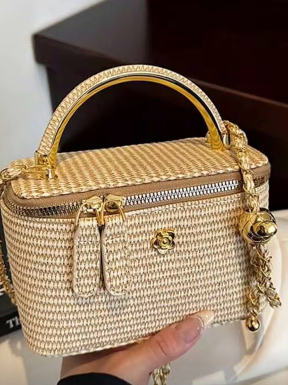 Woven Cream Vanity Crossbody Bag with Gold Hardware